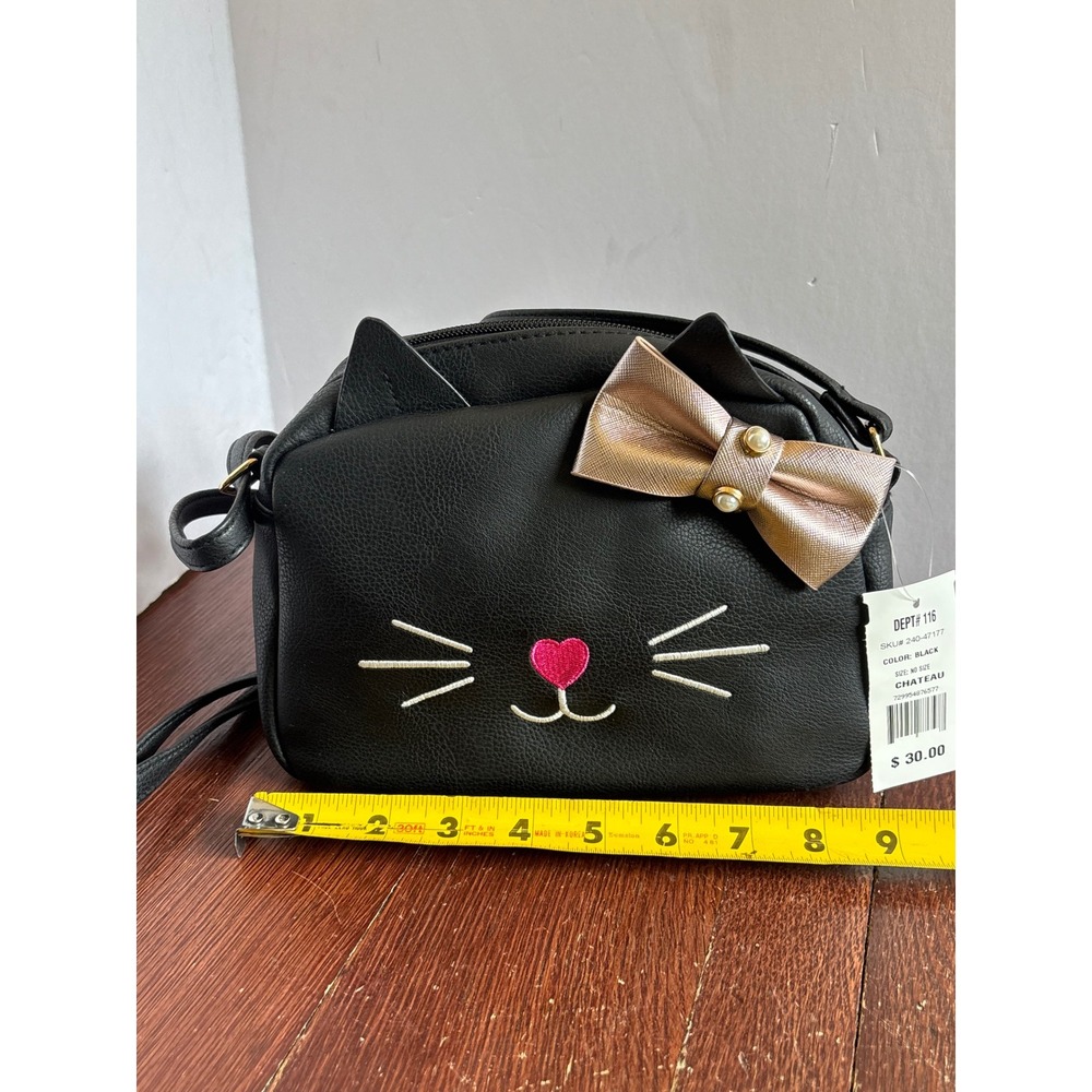 Chateau Black Cat Face Crossbody Bag Rose Gold Bow Pearl Novelty Purse NWT - Picture 3 of 7
